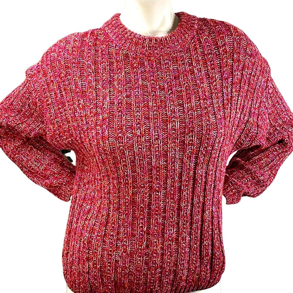 Chunky Cable Knit Pinks Reds Speckled Oversized Comfy Crew Neck Sweater Size XS
